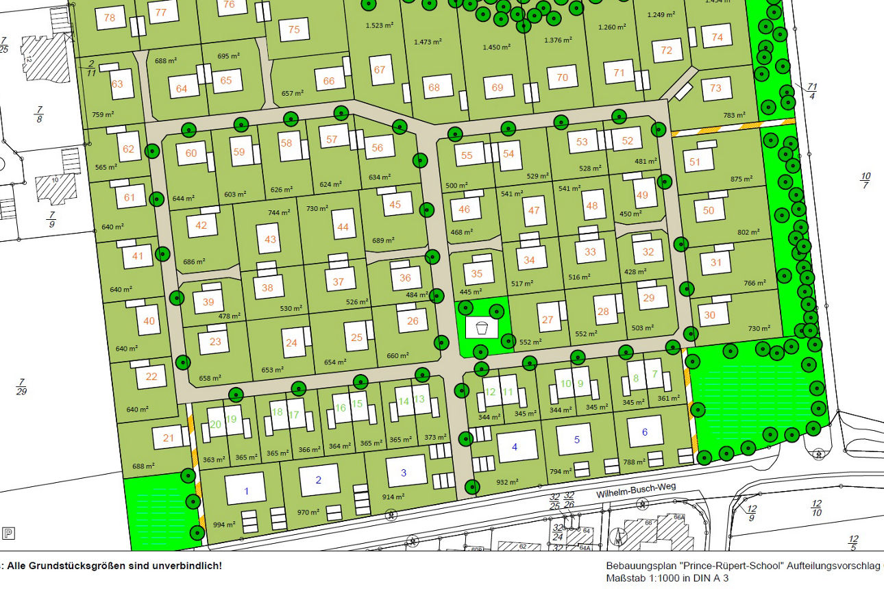 Grafischer Bebauungsplan mit markierten Grundstücken, Straßen, Grünflächen und Baumbestand in einer Wohnsiedlung.