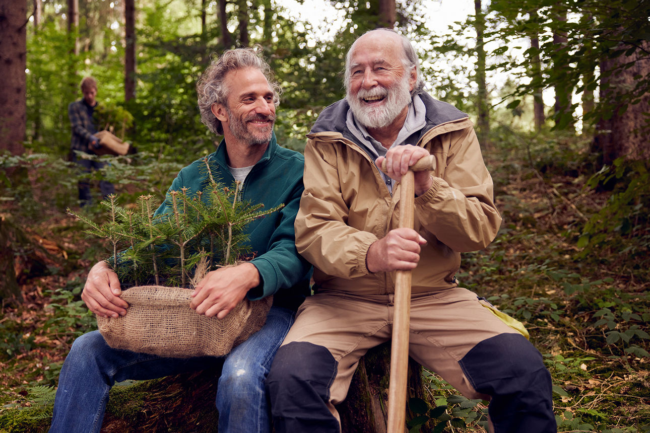 Männer sitzen im Wald und pflanzen Bäume