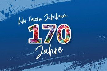 Wir feiern Jubiläum 170 Jahre - Schrift ist auf einem blauen Hintergrund zu sehen. Die 170 ist bunt dargestellt.