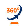 Orangefarbene Zahl 360 mit Gradzeichen und blauem Pfeil drumherum