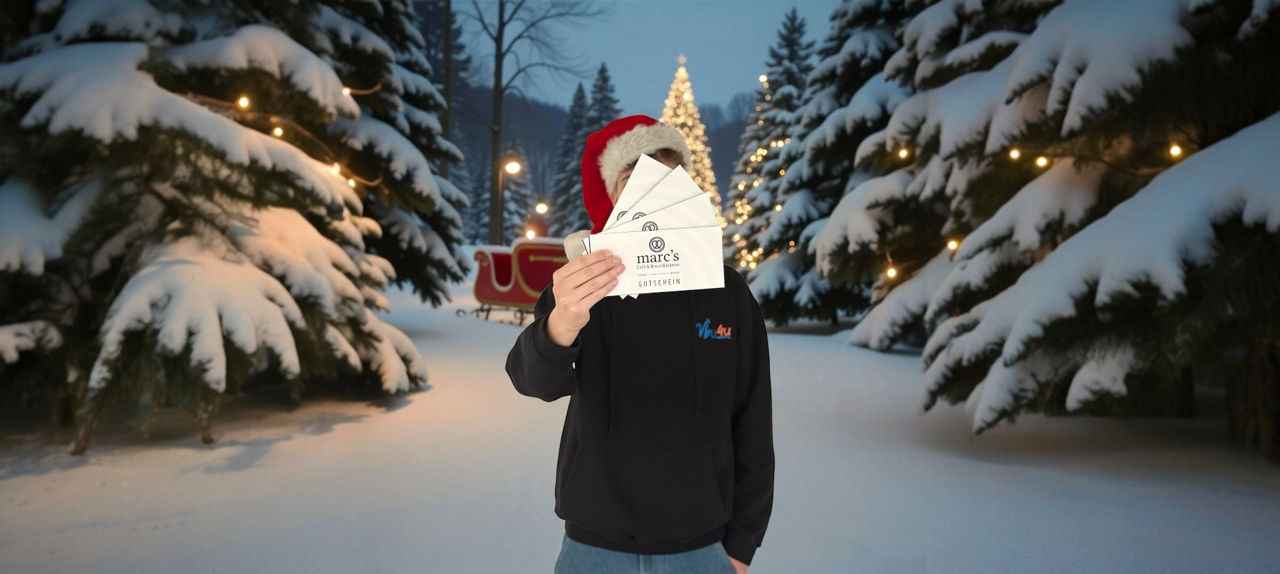 Ein junger Mann hält Gutscheine in die Kamera