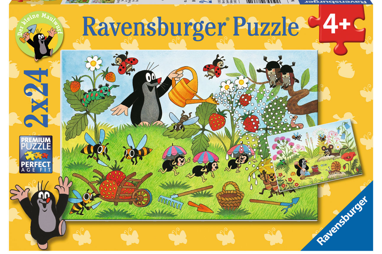 Puzzle Maulwurf. Eine Blumenwiese mit Maulwürfen, Pflanzen, Insekten und Gartenwerkzeug