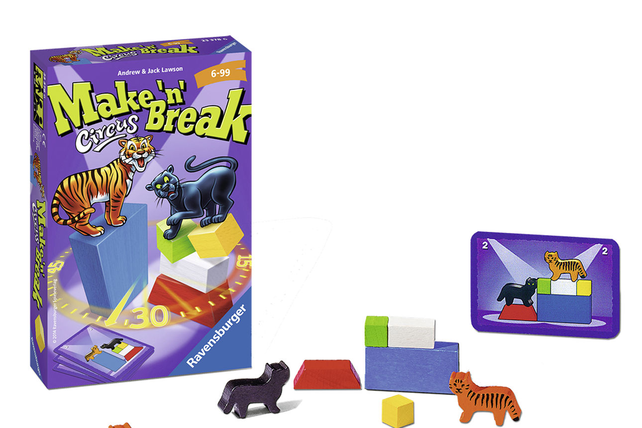 Kartenspiel Spiel Make´n Break. Lila Karten und Figuren von Tiger und Puma