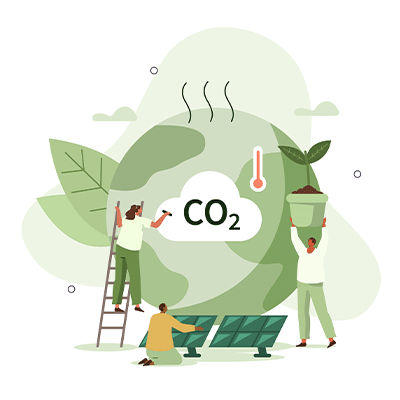 Zierbild: Welt mit CO2-Schild und Personen mit Pflanzen und Solarpanel