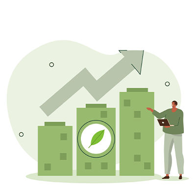 Zierbild: Ein positives Chart liegt über grünen Gebäuden
