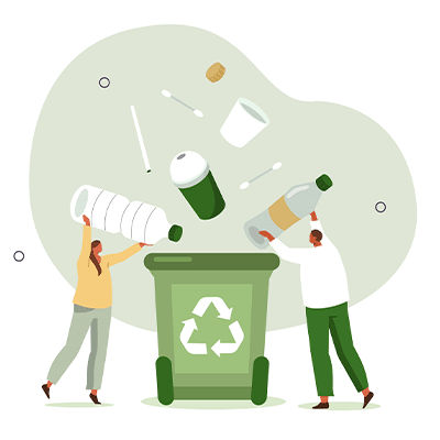 Zierbild: Leute werfen Plastikmüll in einen Container mit Recycling-Logo