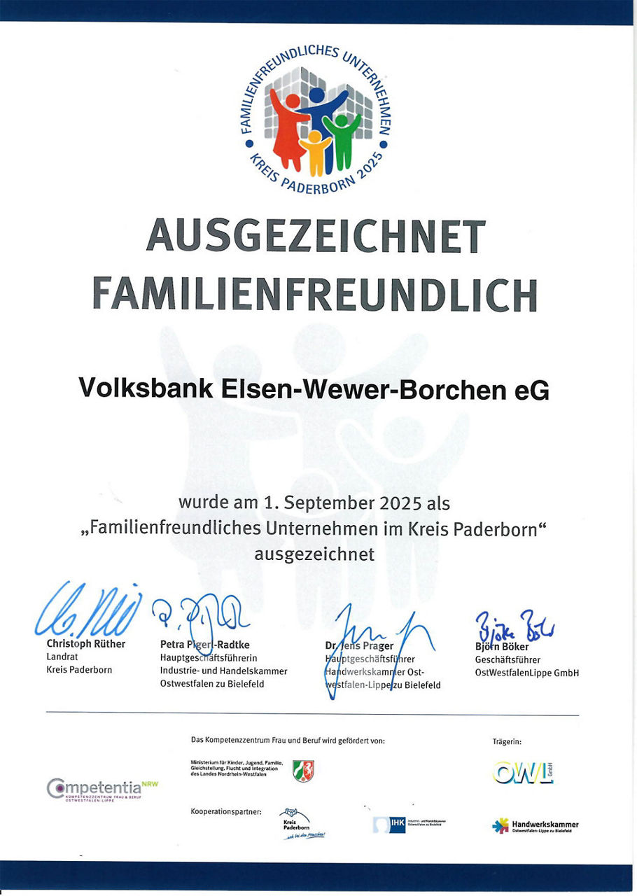 Auszeichnung der Volksbank Elsen-Wewer-Borchen eG für Familienfreundlichkeit
