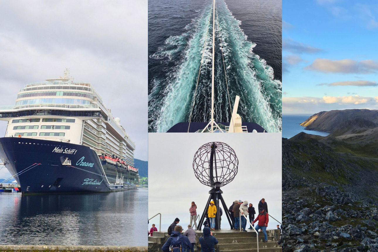 Fotocollage aus vier Bildern: Mein Schiff, Nordkap-Kugel, Meerblick vom Schiff und Landschaft in Norwegen