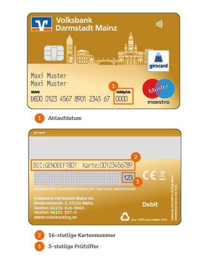 Kartenabbildung girocard Debit Mastercard: 1) 16-stellige Kartennummer, 2) Ablaufdatum, 3) 3-stellige Prüfziffer
