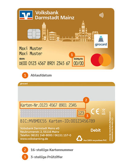 Kartenabbildung girocard Debit Mastercard: 1) 16-stellige Kartennummer, 2) Ablaufdatum, 3) 3-stellige Prüfziffer