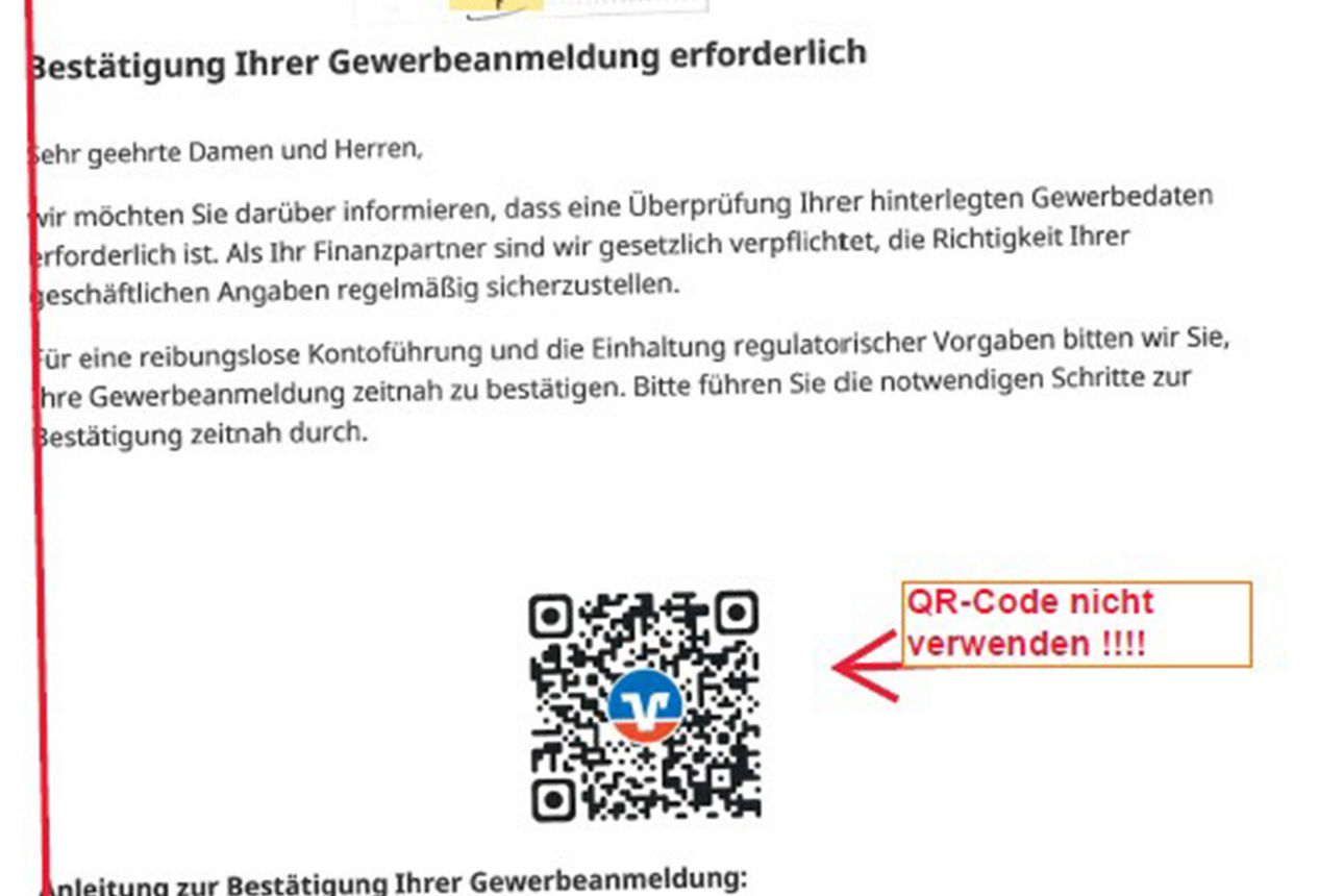 Eine Grafik, die ein gefälschtes Bankschreiben zur Gewerbeanmeldung mit einem QR-Codeabbildet