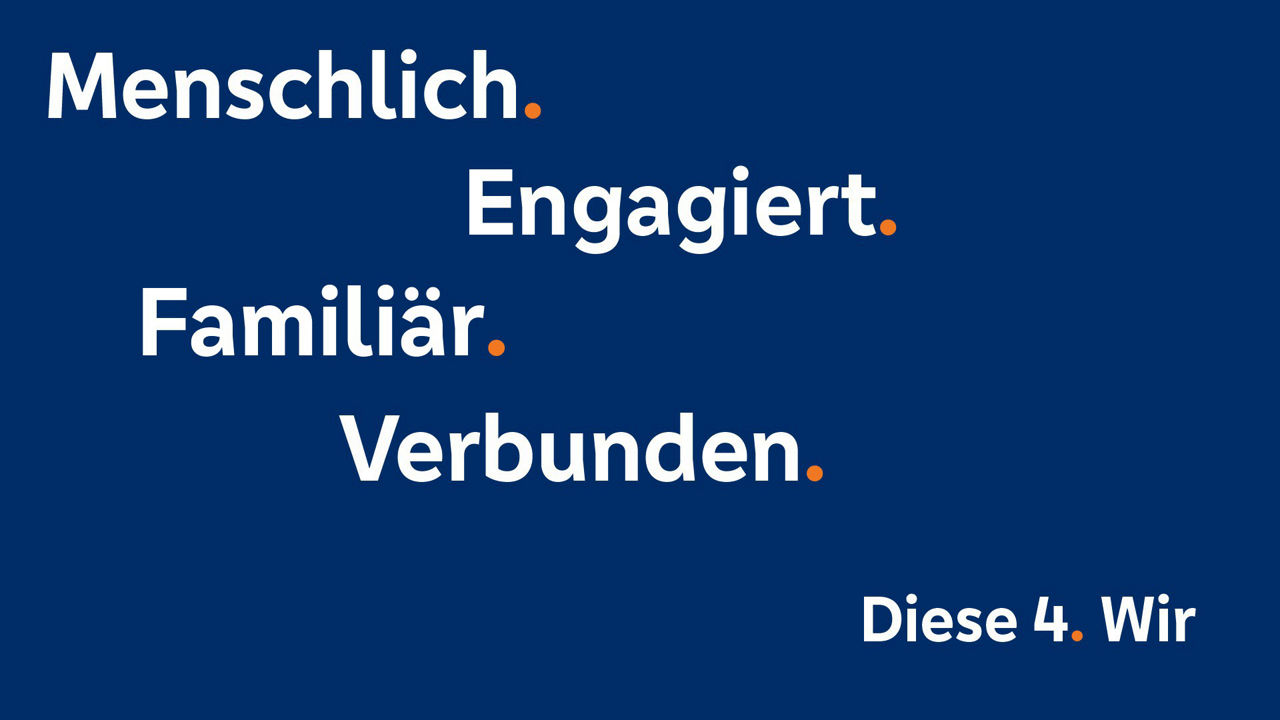 Vier Werte der Volksbank Menschlich, engagiert, famililär, verbunden mit blauem Hintergrund 