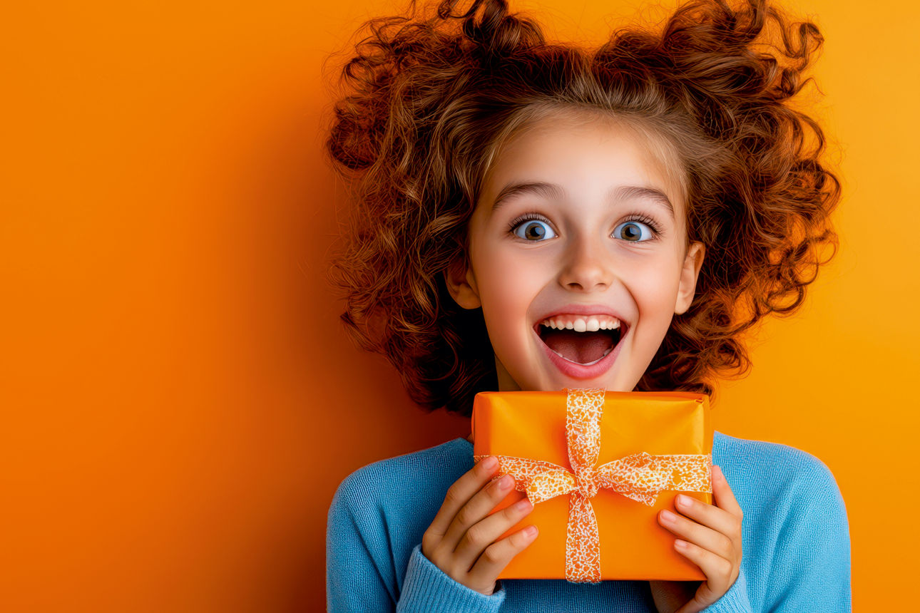 Ein Kind hat ein orangenes Geschenk in der Hand und steht vor einem orangenen Hintergrund. 