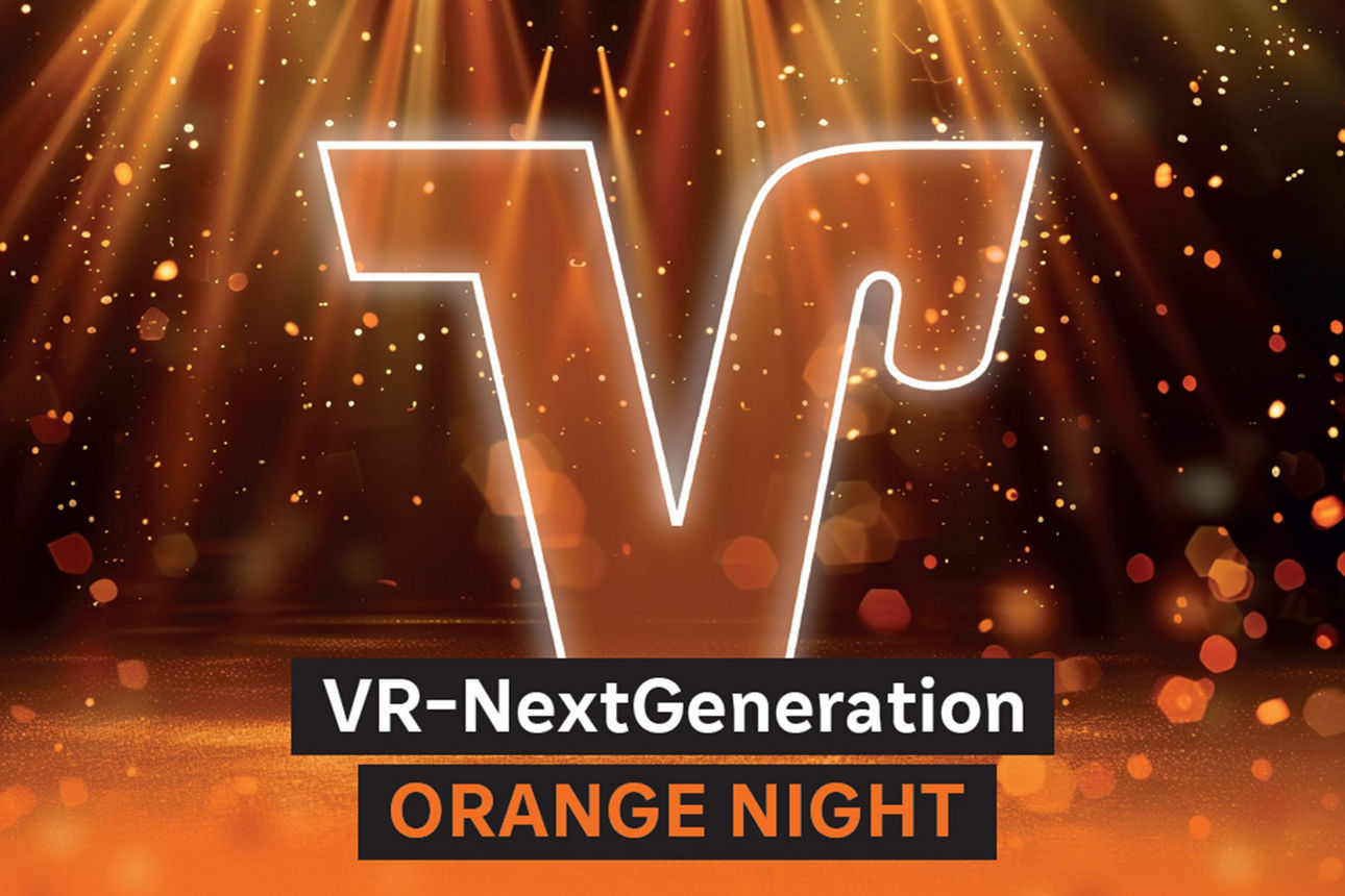 Vor einem Schwarzen Hintergrund ist ein gold funkelndes VR Zeichen unter dem VR-Next Generation Party „Orange Night“ steht