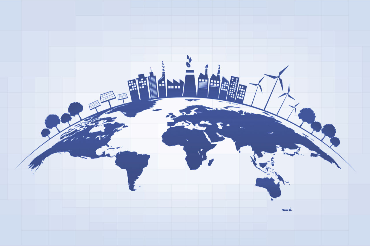 Stilisierte Grafik einer Weltkugel mit Industriegebäuden und Erneuerbaren Energien.