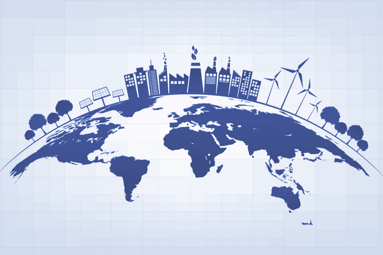 Stilisierte Grafik einer Weltkugel mit Industriegebäuden und Erneuerbaren Energien.