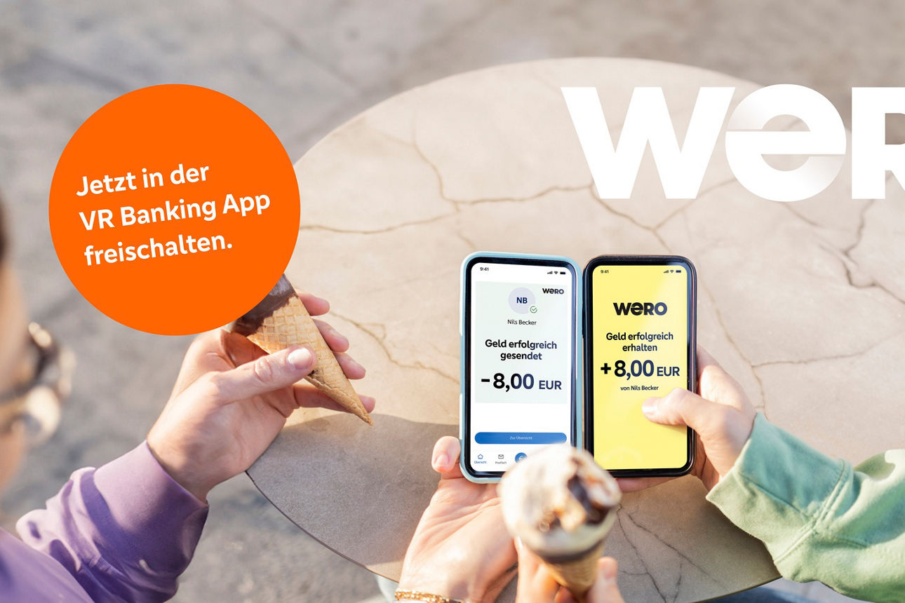 Ein Eis wird mit Wero bezahlt mit Aufschrift "Jetzt in der VR Banking App freischalten"