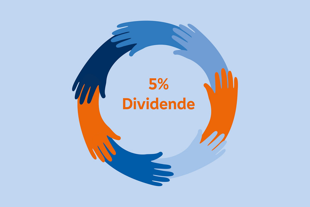 Im Hintergrund des Bildes befindet sich eine einfarbige blaue Fläche. Im Vordergrund ist eine Grafik, die einen Kreis aus Händen bildet. Die Hände sind in verschiedenen Farben aneinandergereiht. Sie sind orange und in verschiedenen Blautönen.