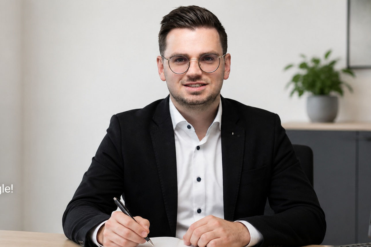 Mann im Anzug im Beratungsgespräch - Aufschrift "Ihre Meinung ist uns wichtig"