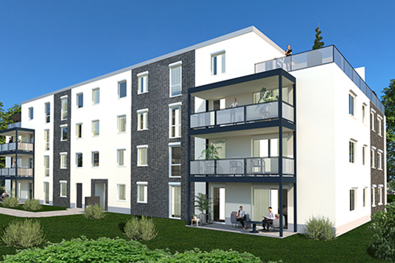 Ein modernes, mehrstöckiges Wohngebäude mit weißen Fassaden und Balkonen. 