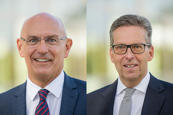 Die beiden Vorstandssprecher der Volksbank Darmstadt Mainz: Uwe Abel (l) und Matthias Martiné