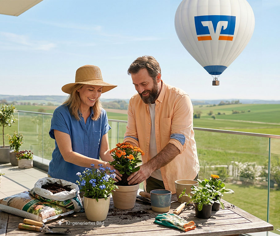 Mann und Frau stehen auf einem Balkon und pflanzen Blumen ein, im Hintergrund fliegt ein Heißluftballon, KI-generiert