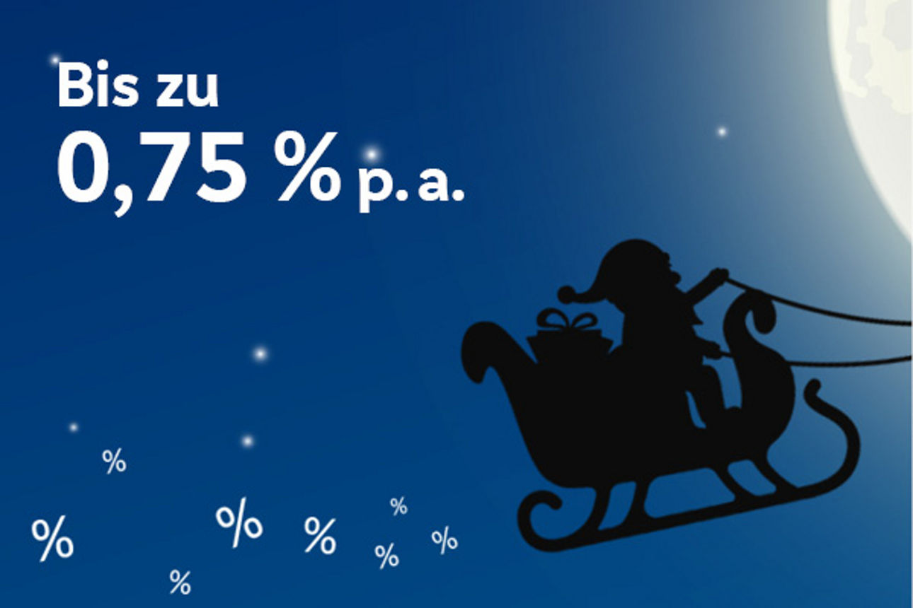 Weihnachtsschlitten am Nachthimmel mit dem Text "Bis zu 0,75 % p. a."