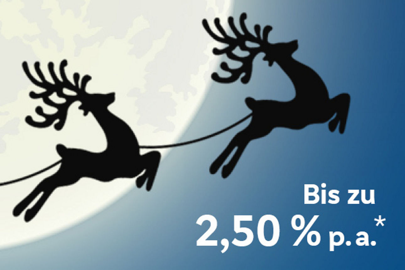 Rentiere am Nachthimmel mit dem Text "Bis zu 2,50 % p. a.*"