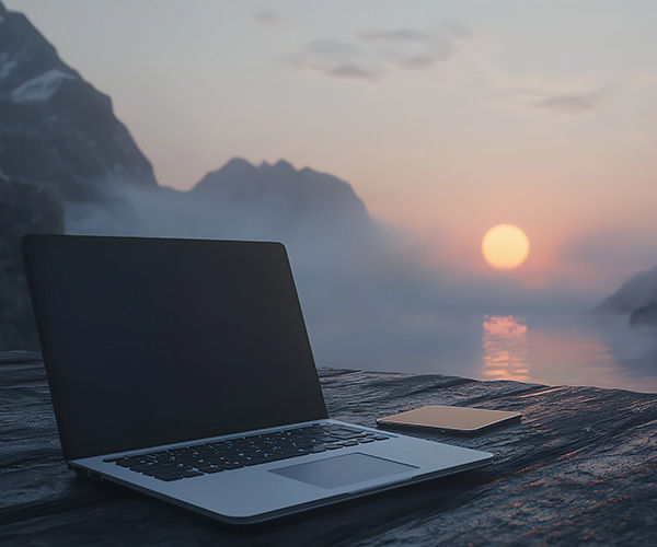 Laptop und Handy auf einem Holztisch, im Hintergrund ein nebliger Sonnenuntergang im Gebirge