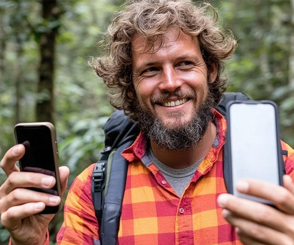 Bärtiger Mann im Wald mit Smartphone in der Hand