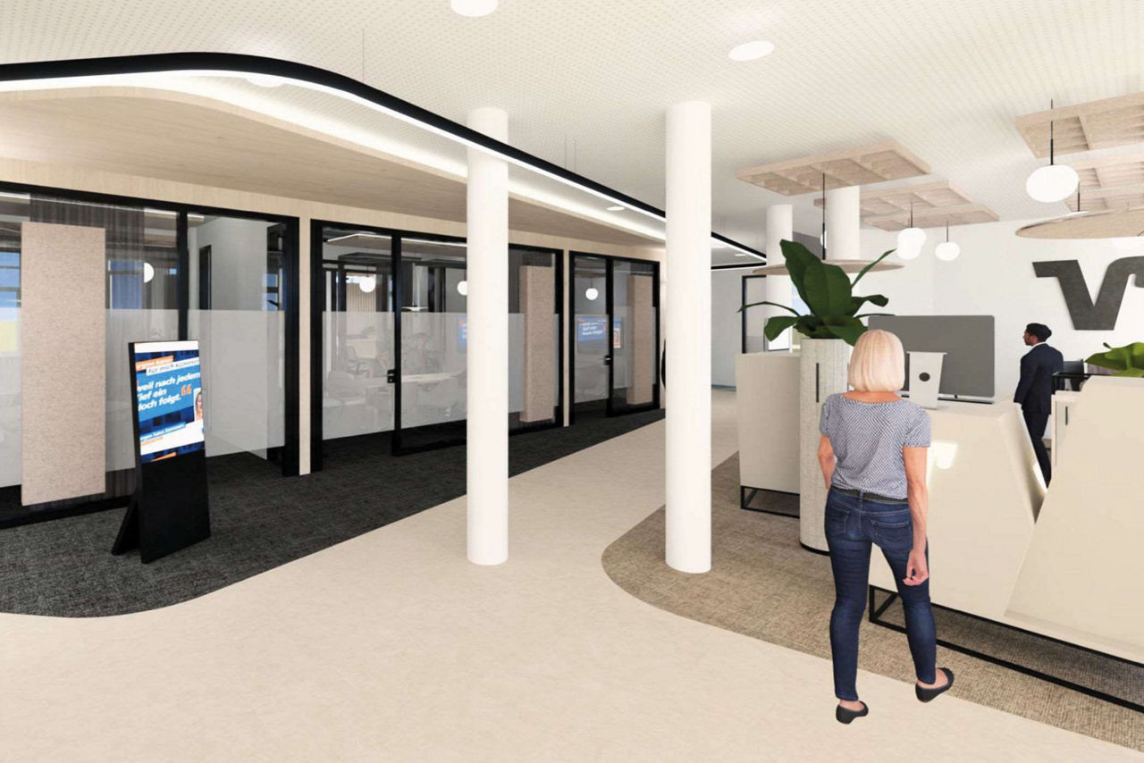 Visualisierung des Foyers der Filiale Wallenhorst nach der Modernisierung