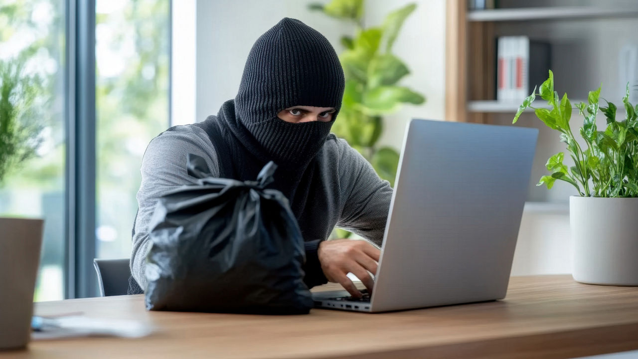 Einbrecher sitzt an einem Laptop mit einer Maske