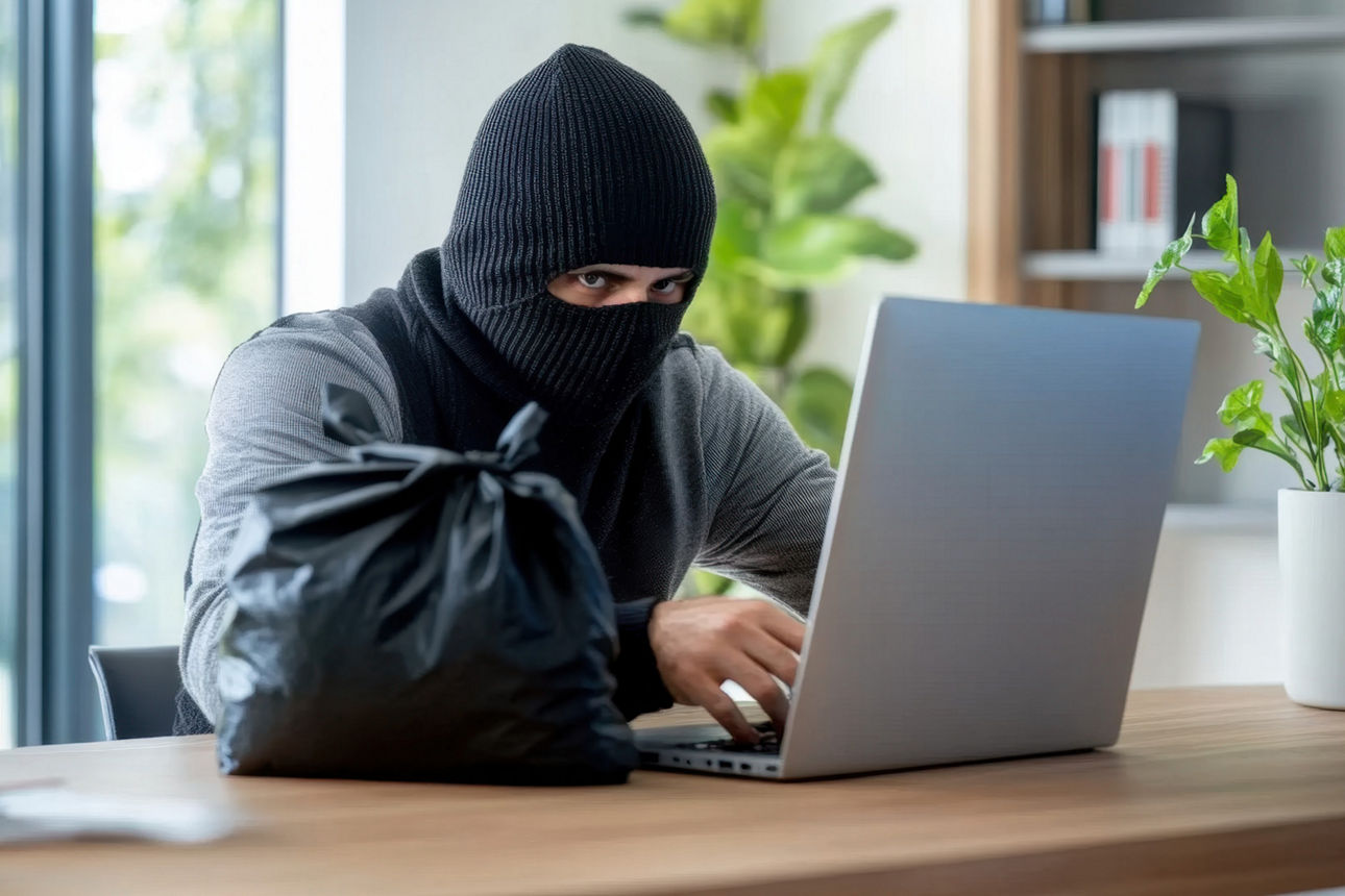 Einbrecher sitzt an einem Laptop mit einer Maske