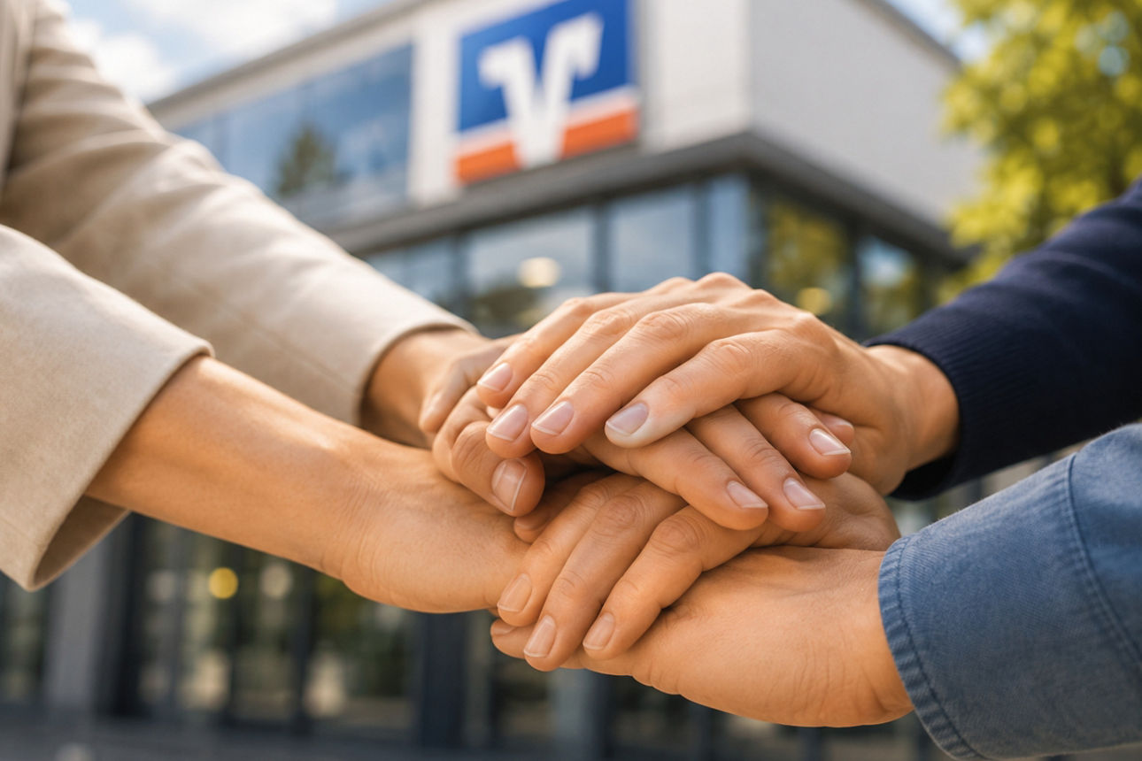 Hände die sich zusammen tun - im Hintergrund das Logo der Volksbank