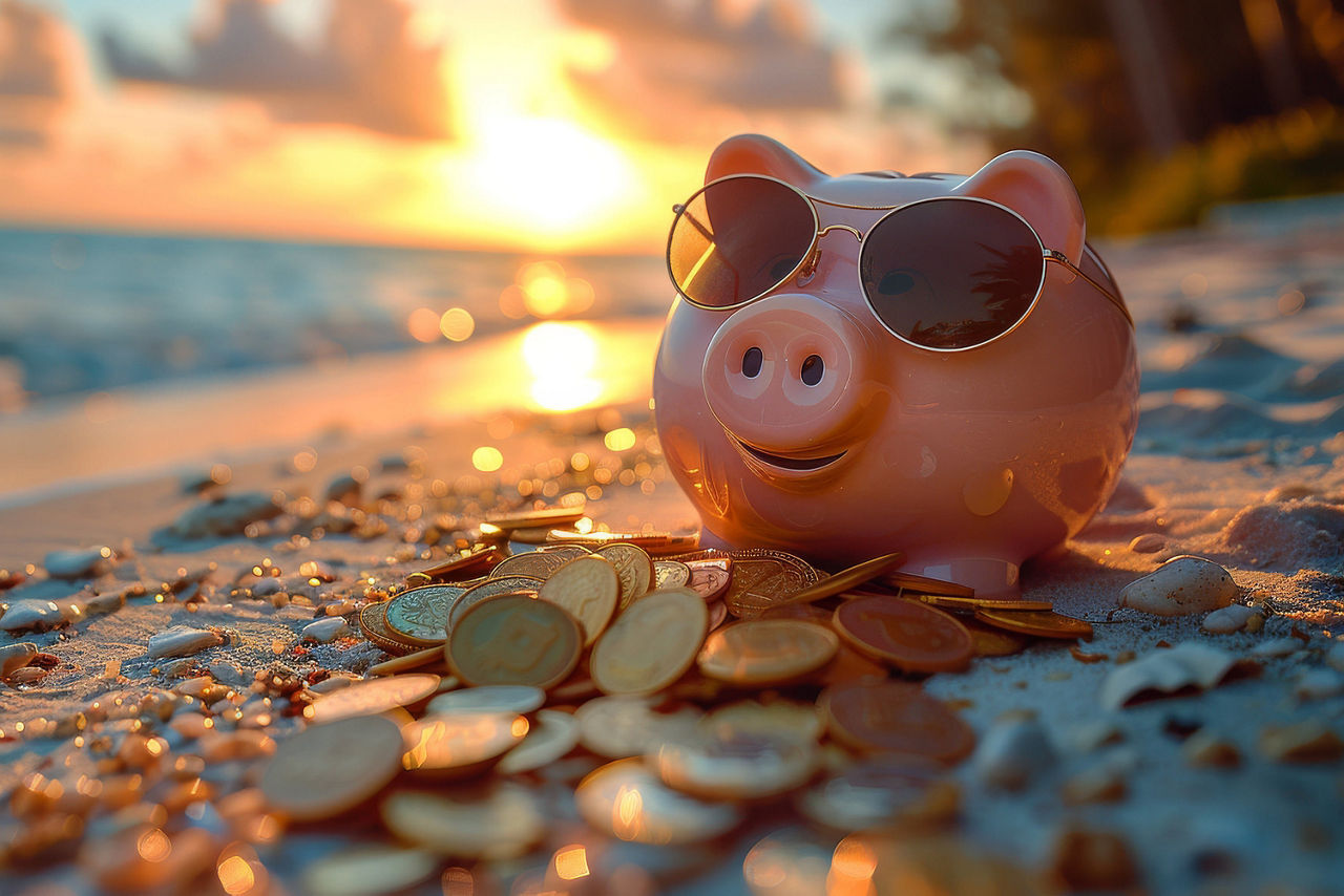 Sparschwein mit Sonnenbrille an einem Sandstrand mit Münzen. Im Hintergrund Palmen und Sonnenuntergang.