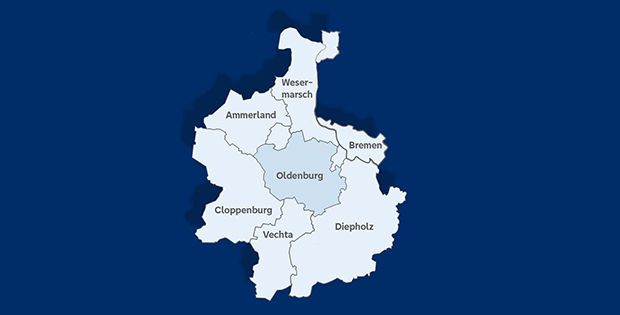 Grafik von Landkarte mit dem Geschäftsgebiet der Bank