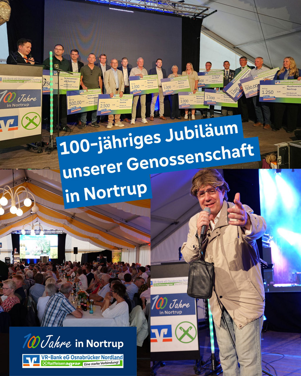 Eine festliche Zusammenkunft unter einem Zelt, geprägt vom 100-jährigen Jubiläum der Nortrup-Genossenschaft.
