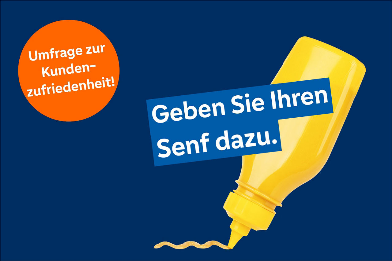 Stilisierte Senftube gibt Senf dazu mit Schrift "Umfrage zur Kundenzufriedenheit"
