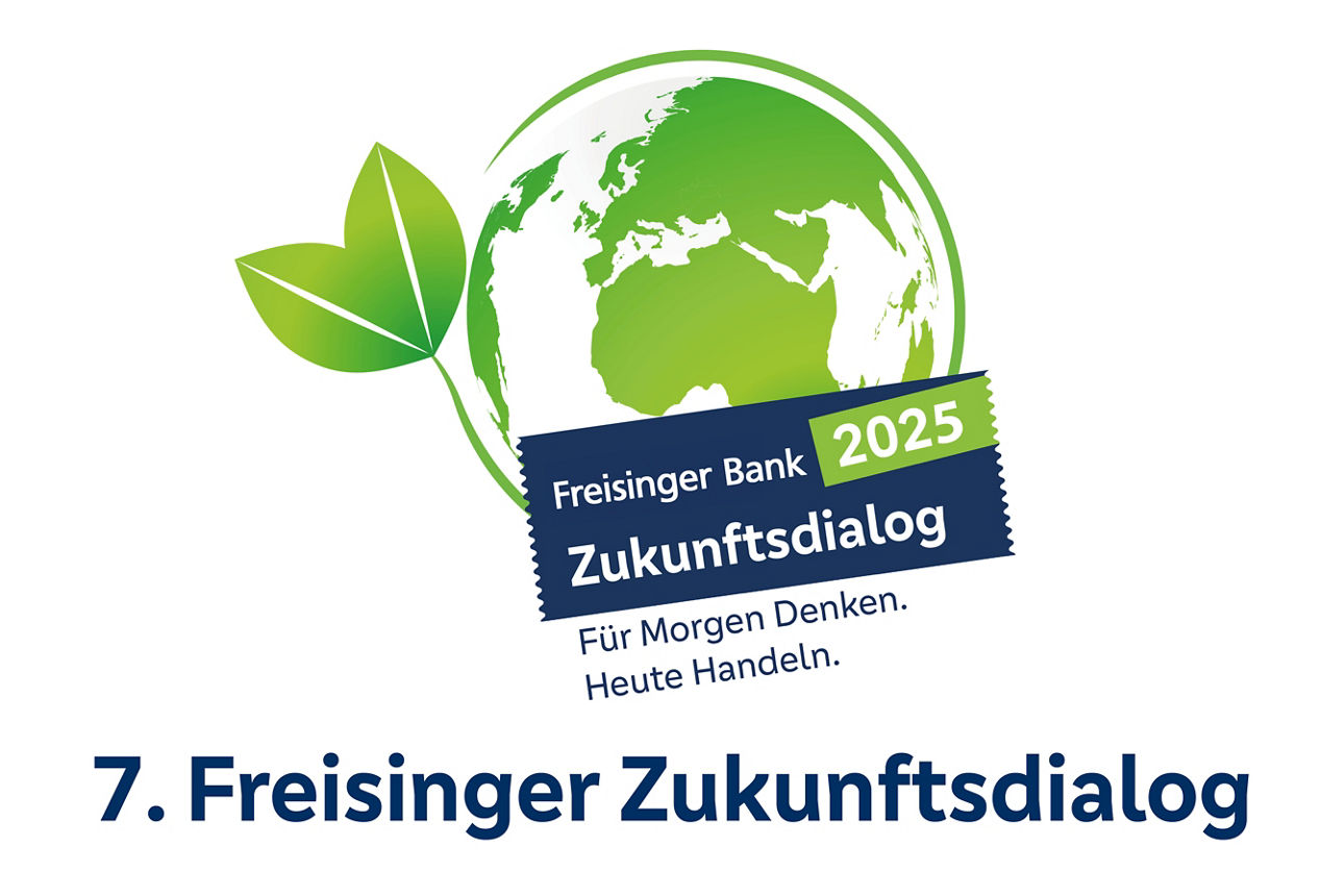 Grafik einer Weltkugel in grün mit Schriftbanner vom Zukunftsdialog in Dunkelblau 