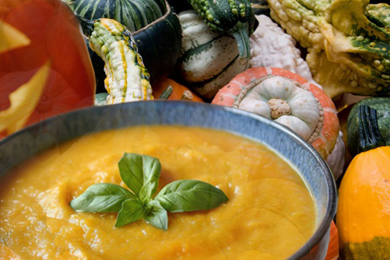 Collage mit Kuerbiskopf, Zierkuerbissen und Suppe