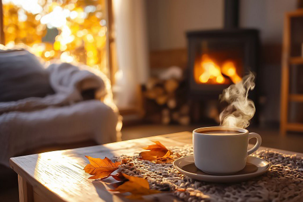 Dampfendes Getraenk in Wohnzimmer mit Kaminfeuer