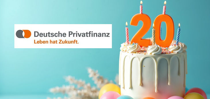 Deutsche Privatfinanz Logo neben Torte mit Zahl 20 darauf