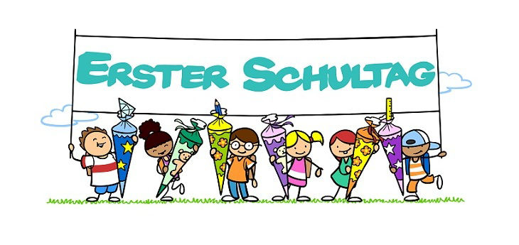 Cartoon von Kindern mit Schultüten zum ersten Schultag