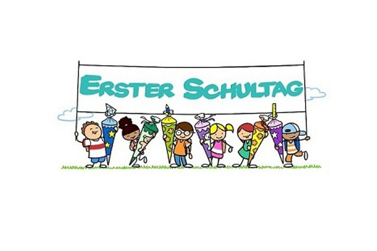 Cartoon von Kindern mit Schultüten zum ersten Schultag