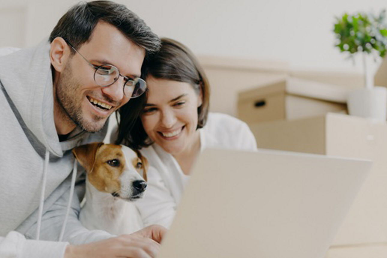 Paar mit Hund vor Laptop vor Umzugskartons im Hintergrund