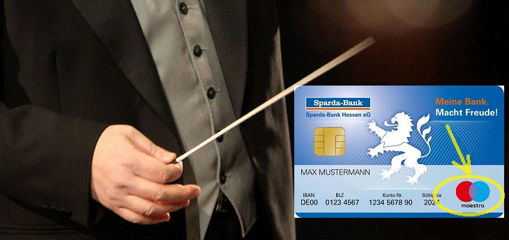 Collage Dirigent als Maestro der mt Taktstock auf BankCard klopft