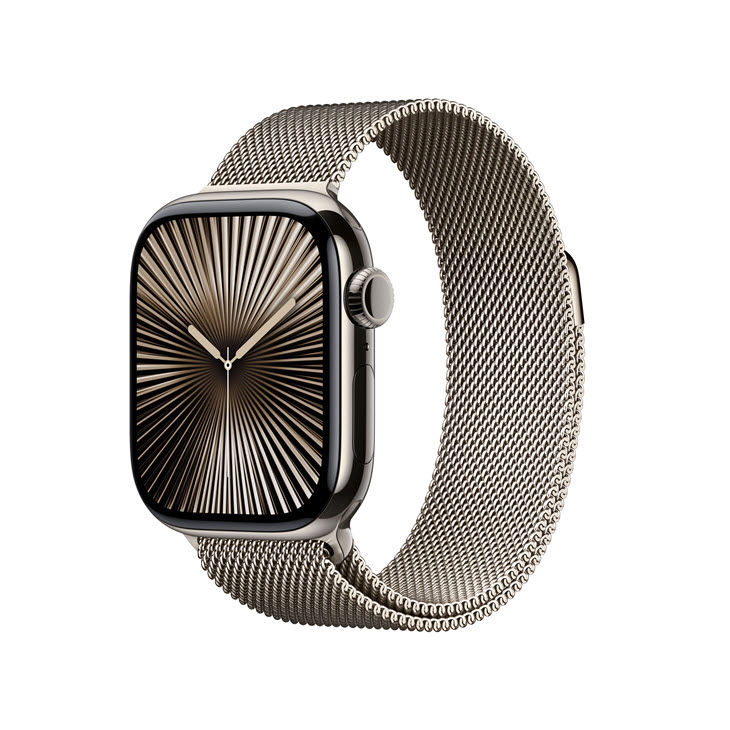 Eine moderne Smartwatch mit Metallarmband und stilisiertem Zifferblatt in Sonnenstrahlen-Optik.