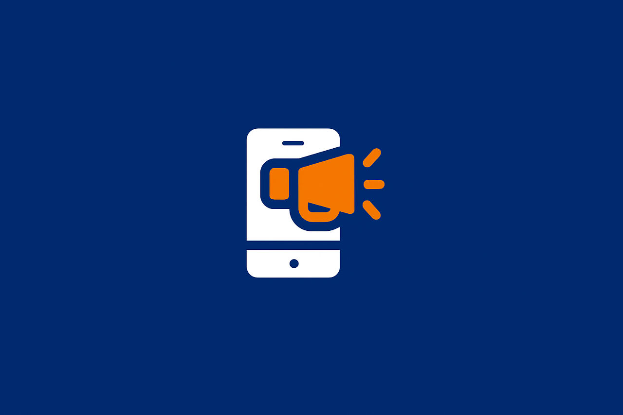 Symbolgrafik eines weißen Smartphones mit einem orangefarbenen Megafon in der Mitte, auf dunkelblauem Hintergrund