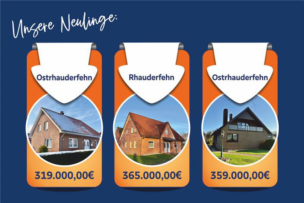 Hintergund ist dunkelblau und im Vordergrund sind drei Objekte mit einem Verkaufspreis drunter abgebildet