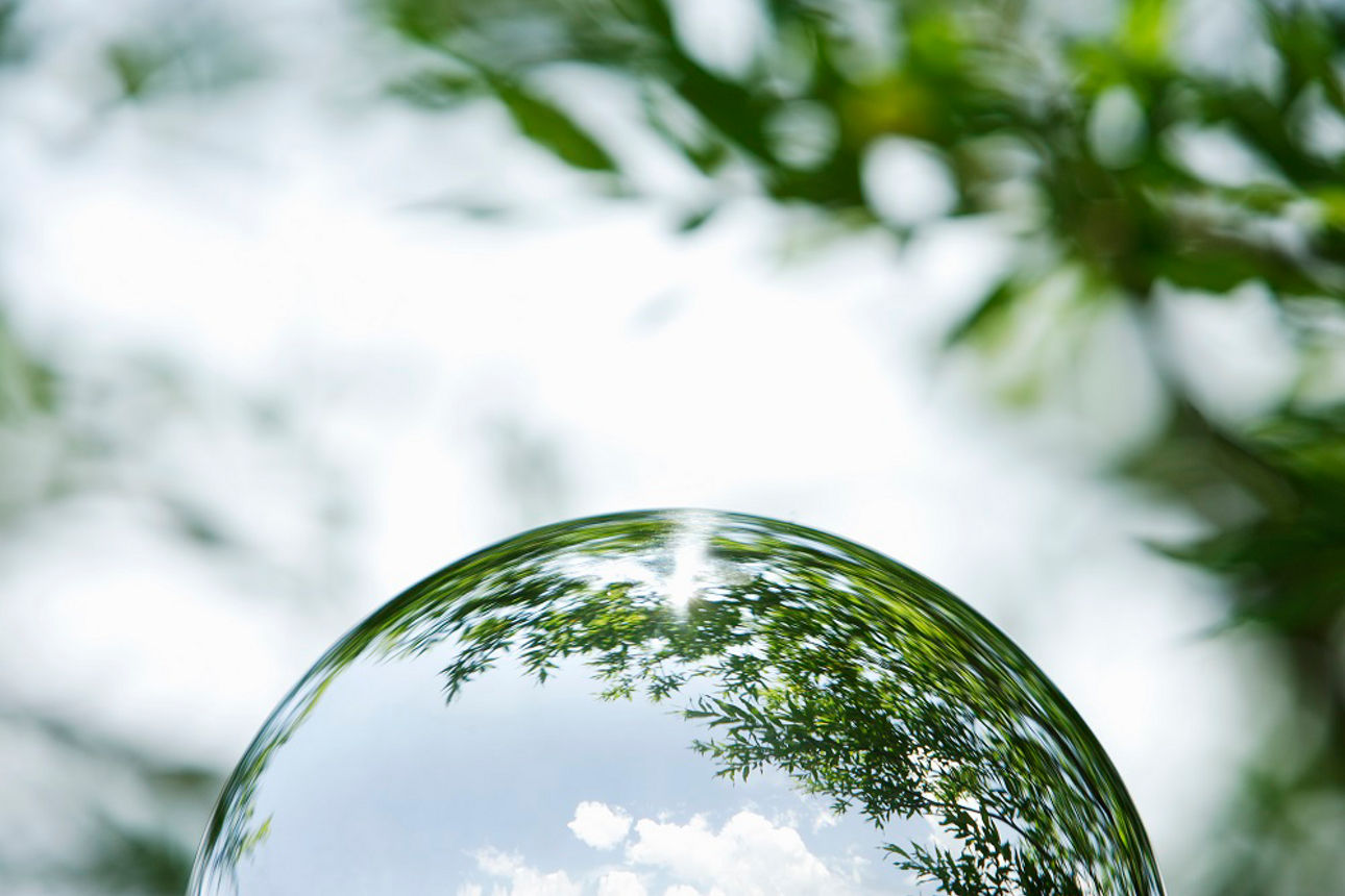 Glaskugel mit Spiegelung von Bäumen und Himmel